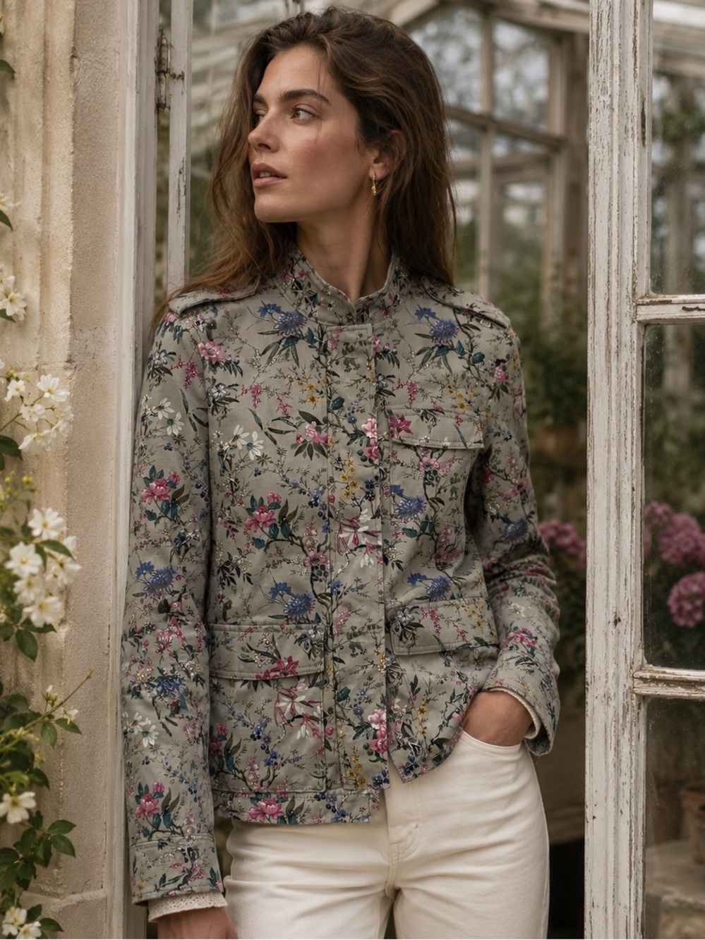 H&M Floral Utility Jacket Sage Botanical Print